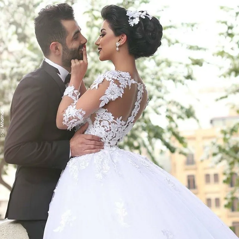 

2019 Ball Gown Long Sleeve Lace Tulle Elegant Formal Sweetheart Gorgeous Bride Wedding Dresses