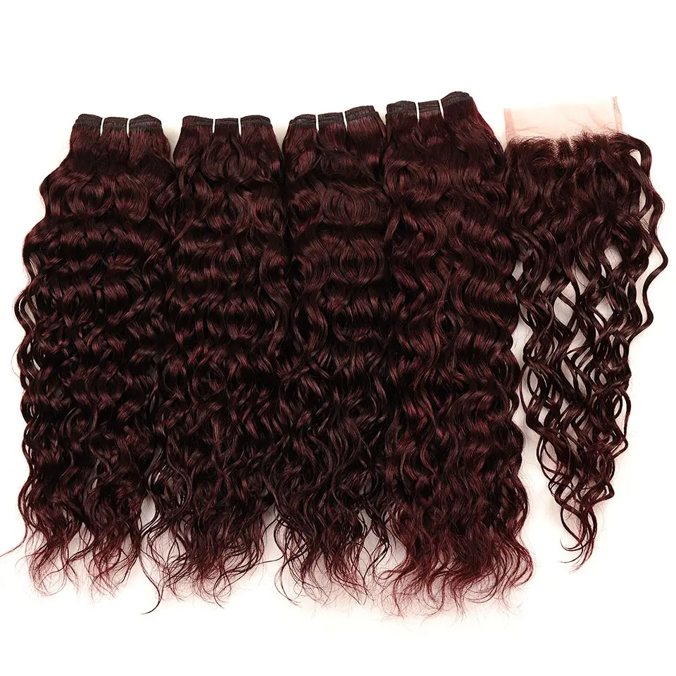 Brazilian Water Wave Hair Burgundy 4 Bundles With Closure Wet Wavy Pinshair Pre-Colored Dark Red Human Hair With Closure NonRemy (78)