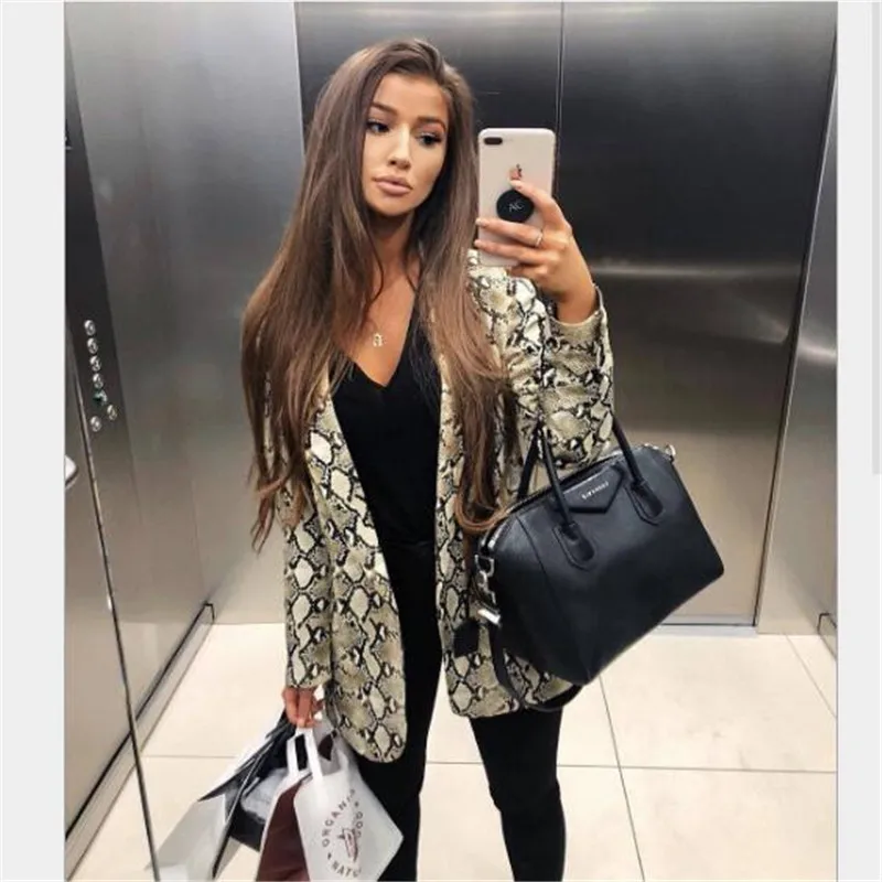 price reduction  Fashion Fall Jacket Sexy Snake Print Long Sleeve Coat Elegant Women Open Stitch Outerwear Office La