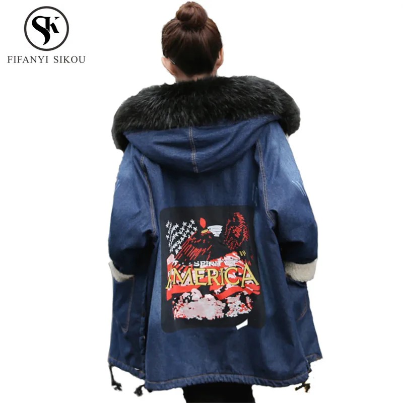 

2018 Winter Coat Lambswool Denim Jacket Women Fashion Print Long Hooded Coats Female jean jackets Warm Outerwear Plus size S-5XL