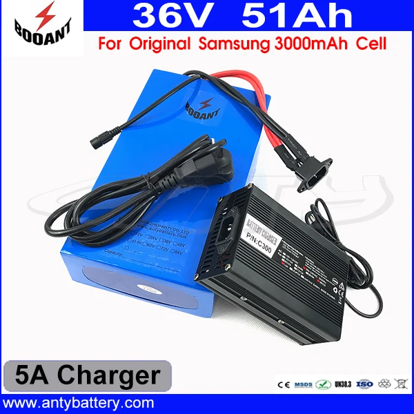 

High Power 2000W Lithium Battery Pack 36V 51AH For Original Samsung 18650 Cell With 5A Charger 70A BMS e Bike Battery 36V