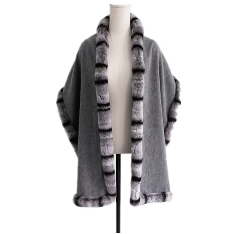 Дизайн, шерстяная меховая шаль для женщин, серый, чистая шерсть, шарф для женщин, натуральный мех кролика Рекс, Шиншилла, цветная отделка, Зимние Обертывания S62