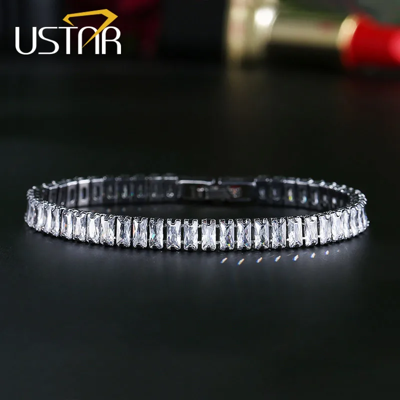 

USTAR Square Crystals Bracelets for women AAA Cubic Zirconia Black color chain link Bangle & Bracelet femme wedding jewelry