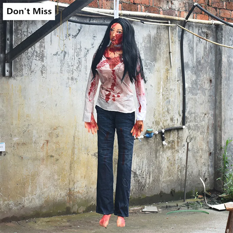 

Halloween Thriller Props Long Hair Hanging Woman Ghost Frighten Bloody Hanging Died Woman Horrifying Tricky Props Room Escape