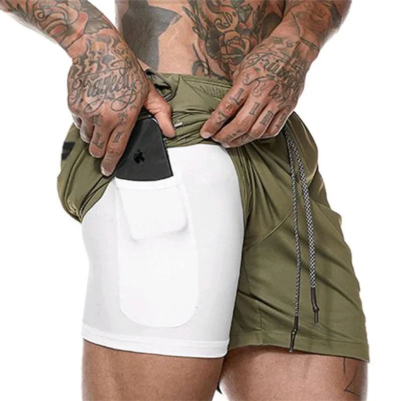

Men's 2 in 1 Running Shorts Security Pockets Leisure Shorts Quick Drying Sport Shorts Built-in Pockets Hips Hiden Zipper Pockets