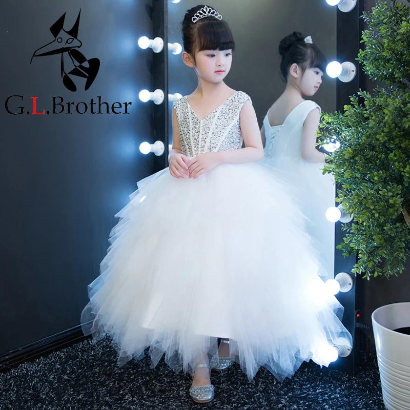 

Crystal Children Evening Party Gown Big Ball Gown Flower Girls Dresses Floor Length White Princess Girl Dress Sleeveless A110