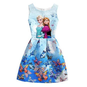 

2019 Summer Style Girls Elsa Anna Princess Dresses Girl Butterfly Printed Sleeveless Formal Girl Dresses Teenagers Party Dress