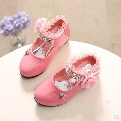 

2019 NEW Spring Autumn Fashion Girls Shoes Patent PU Leather Shoes Rhinestone Beading Floral Lace Princess Kids Single Shoe