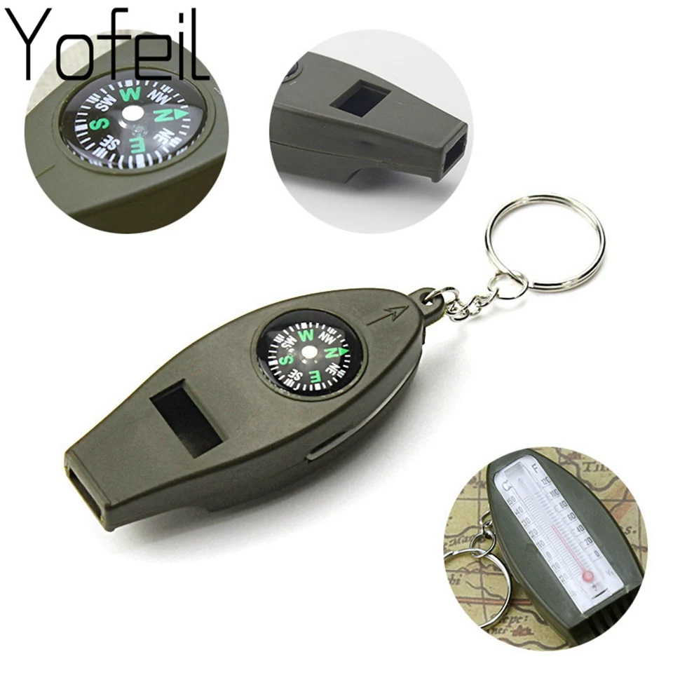 

4 in 1 Mini Compass Thermometer Magnifier Emergency Survival Whistle with Keychain Hiking Mini Kompass Survival Kits