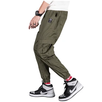 

2019 Spring Mens Joggers Pants Camo Cargo Pants Men Jogger Harem Pants Pure color Streetwear Pockets Trousers Men Army green