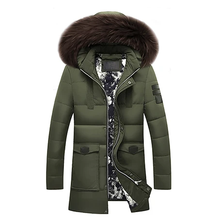 Мужское Брендовое зимнее теплое пальто, куртка-пуховик на белом утином пуху, куртка с капюшоном и воротником из натурального меха, повседневные парки, утепленное пальто средней длины - Цвет: Зеленый