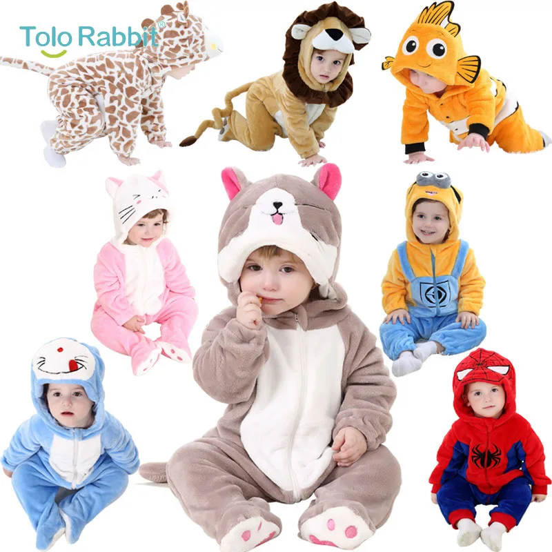 

Baby Cartoon Rompers Newborn Hooded Toddler Clothing Boys Girls Minions Animal Jumpsuit Playsuit Costume Flannel Baby Rompers