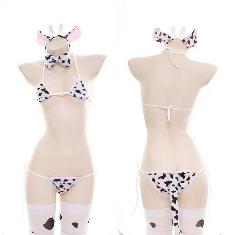 Японский эротический сексуальный корова бикини Лолита кавайный бюстгальтер трусики набор Чулки Нижнее белье Аниме Косплей костюмы пижамы бикини W/Tail - Цвет: Cow set
