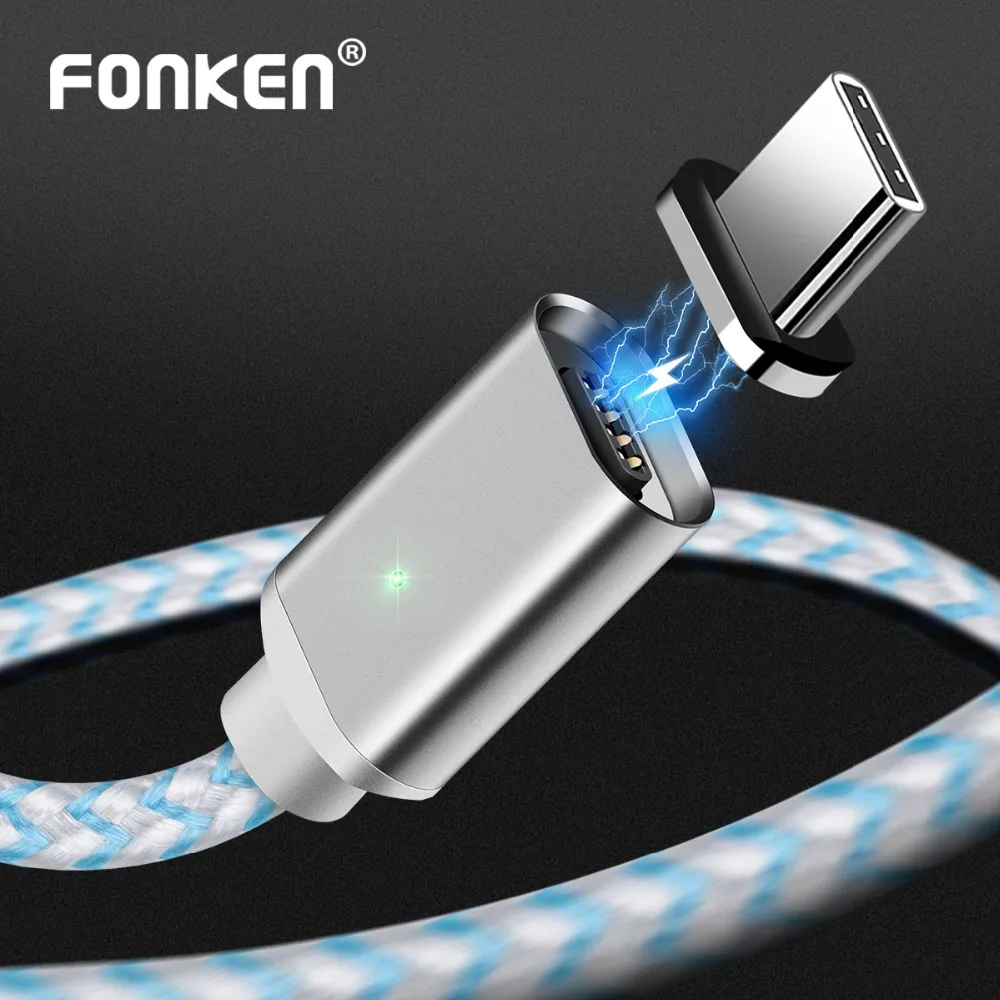 Магнитный кабель FONKEN usb type C, магнитный кабель для телефона, Макс. A, быстрое зарядное устройство, USB C, светодиодный кабель для синхронизации и передачи данных, нейлоновый плетеный провод