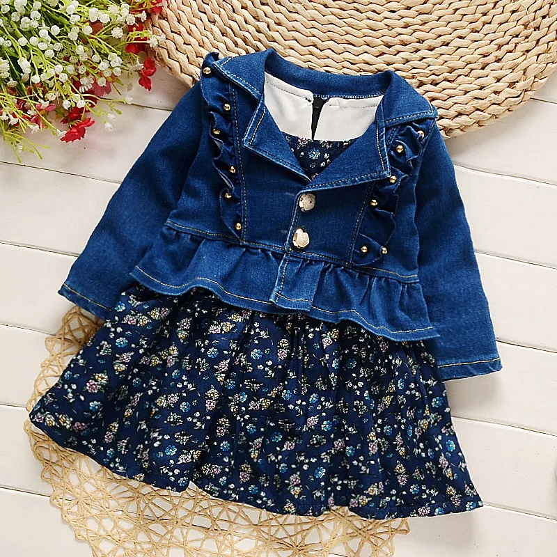 

2017 Spring New Baby Girls Clothing Sets Fashion Cowboy Style Printed Coat+Dress 2Pcs Girls Clothes