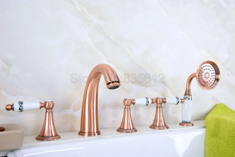 Antique Red Copper Bathroom Bathtub Faucet Deck Mount 3 Handle 5