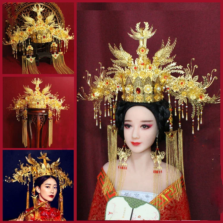 

Red Golden Phoenix Tiara Princess Empress Hair Tiara Traditional Wedding Tiara or Drama or Photography or Stage Show Headwear