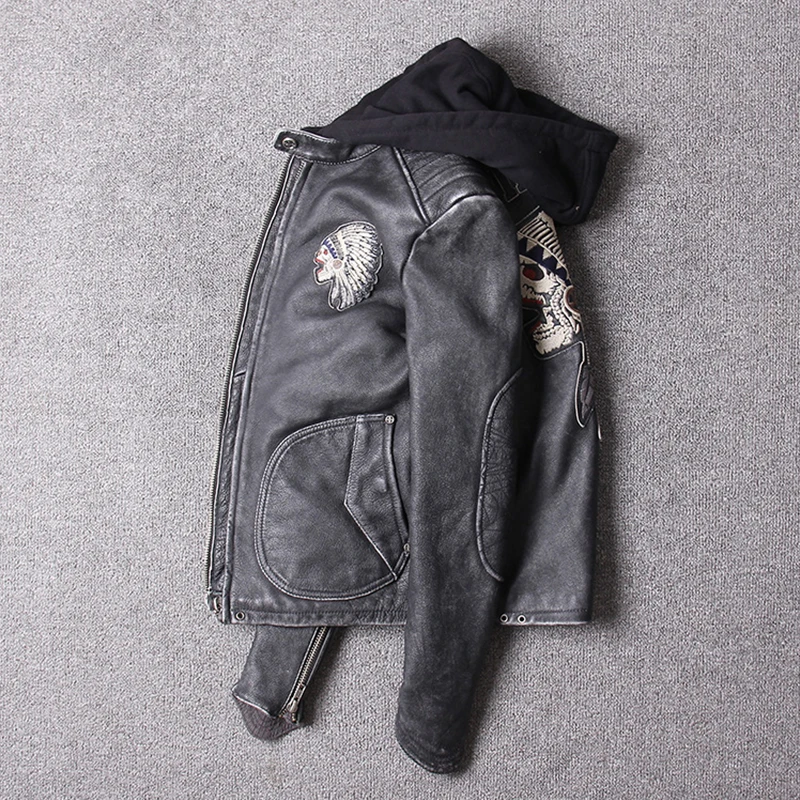 Индивидуальный дизайн индийский узор Стенд воротник с капюшоном кожаная куртка мужская мотоциклетная куртка винтажная коровья кожаная куртка