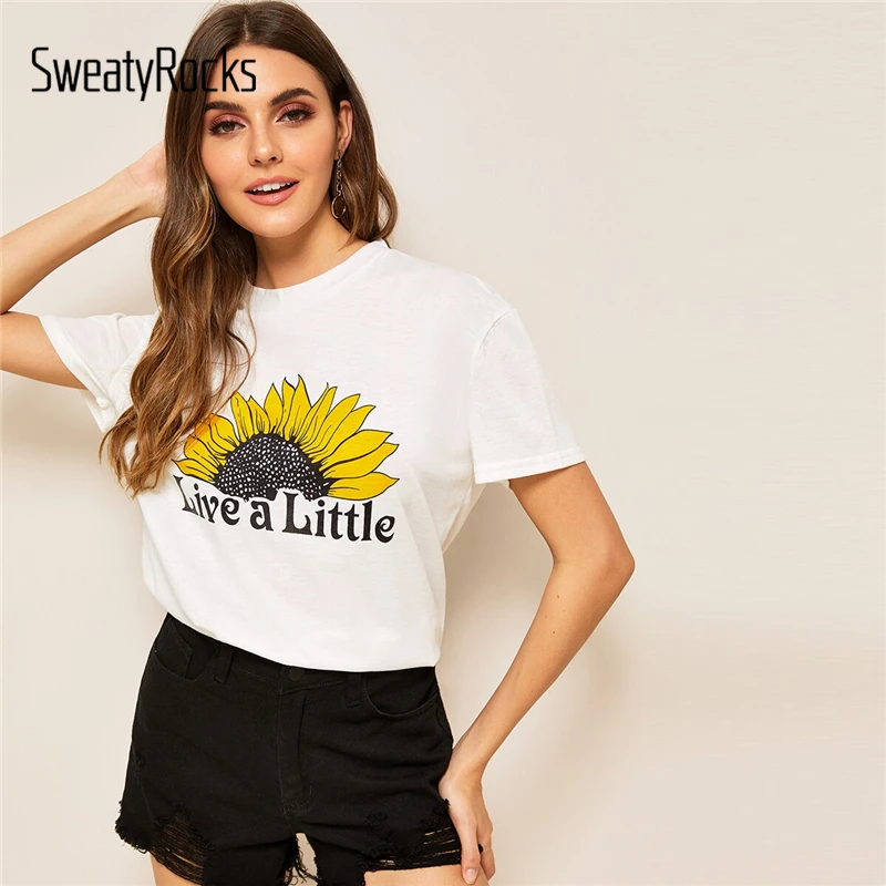 

SweatyRocks Sunflower And Letter Print Tee Streetwear Short Sleeve Basics Clothes 2019 Summer Casual Women White T-Shirts