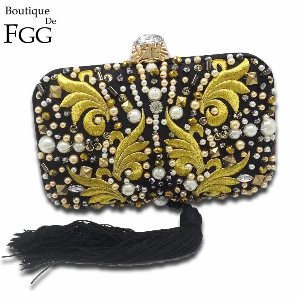 Famous Brand Beaded Rivets Embroidery Tassel Women Black Satin Evening