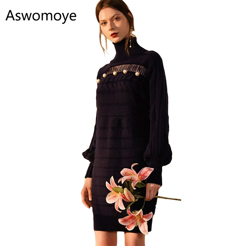 

2018 Spring New Fashion Women Sweater Dress Hollow Out Knitted Dress Beaded Lantern Sleeve Loose Female Jumper Haute Couture