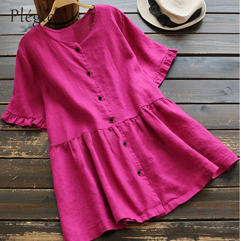 

Plegie Cotton And Linen Shirt Women 2019 Summer Short Sleeve Mid Long Shirt Single-breasted Ruffles Womens Tops And Blouses