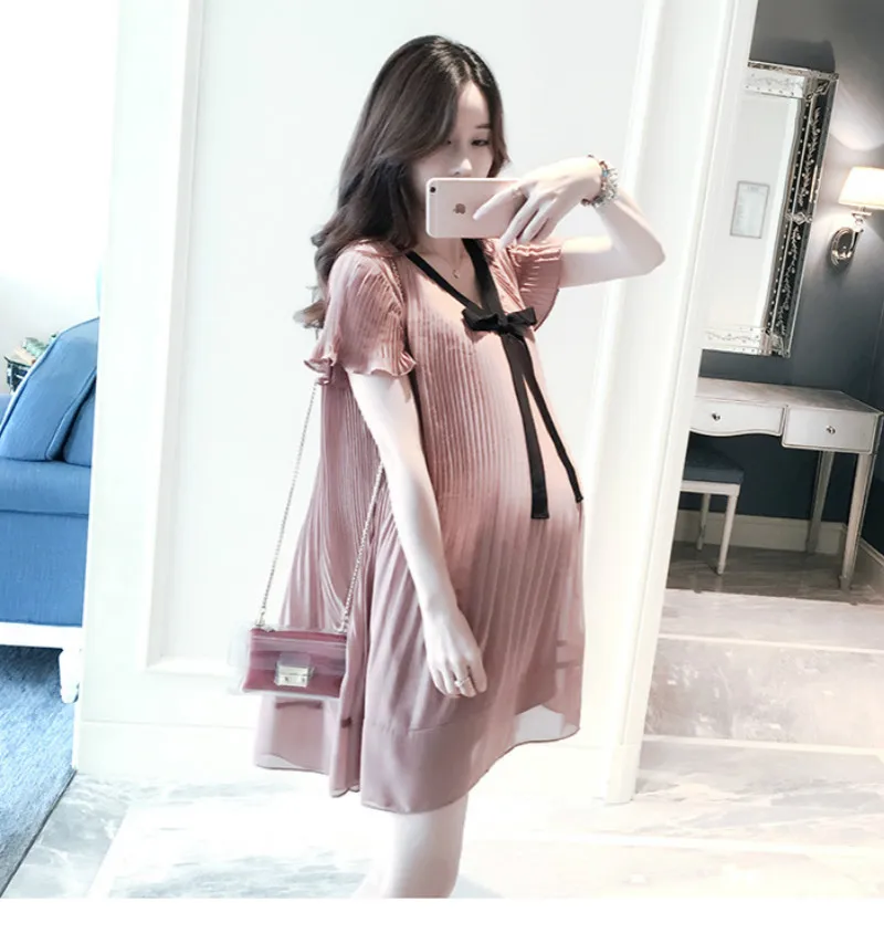 

Summer Maternity Shirts Chiffon V Neck Pregnant Shirts Short Sleeve Shirts for Pregnancy Clothes for Women Office Lady Shirt