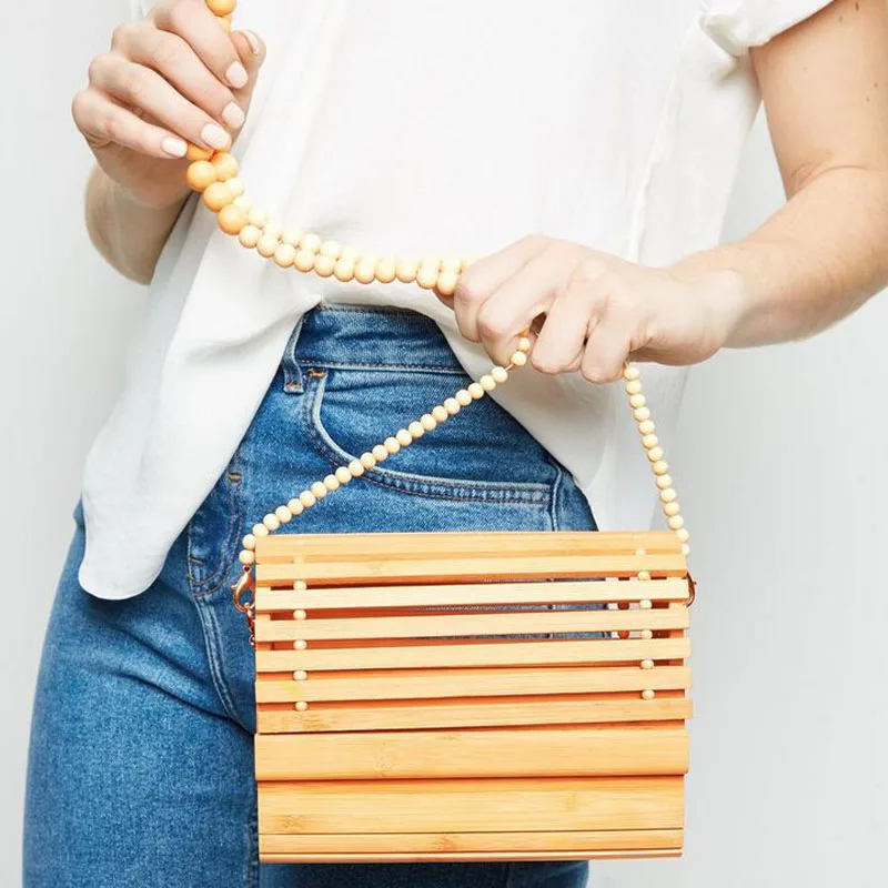 

2019 summer Bamboo hand-made shoulder bag beach bamboo handbag diagonal cross straw bag beads shoulder strap Messenger bag