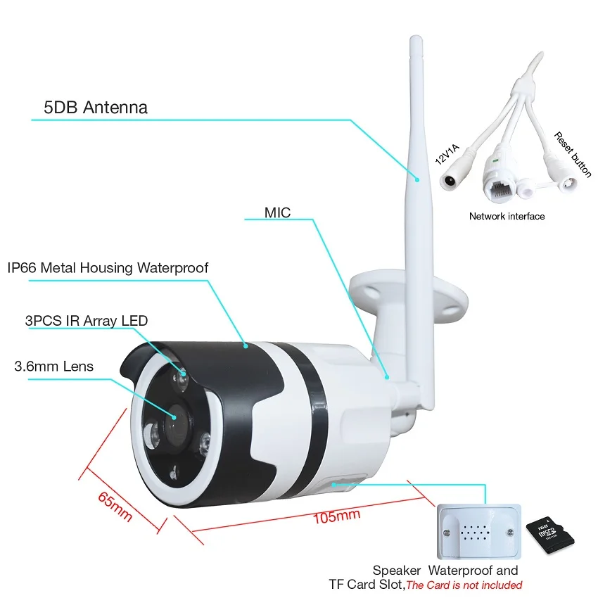 Zjuxin 1080P наружная камера WIFI Беспроводная ip-камера Поддержка Макс 128 ГБ TF карта HD 3,6 мм объектив Full HD 1080P CCTV CAM металлический корпус