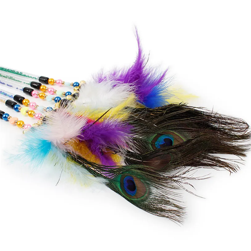 Pet Cat Teaser Kitten Jump Training Toy Peacock Feather Wand Cat Catcher Teaser Stick Cat Interactive Toys Wholesale noDC28