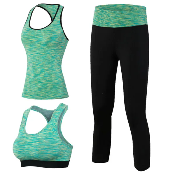Спортивный костюм для фитнеса из 3 предметов, женские комплекты для йоги, рубашка без рукавов, леггинсы для фитнеса бега, спортивные лосины, жилет, брюки, зеленый комплект для йоги - Цвет: Зеленый