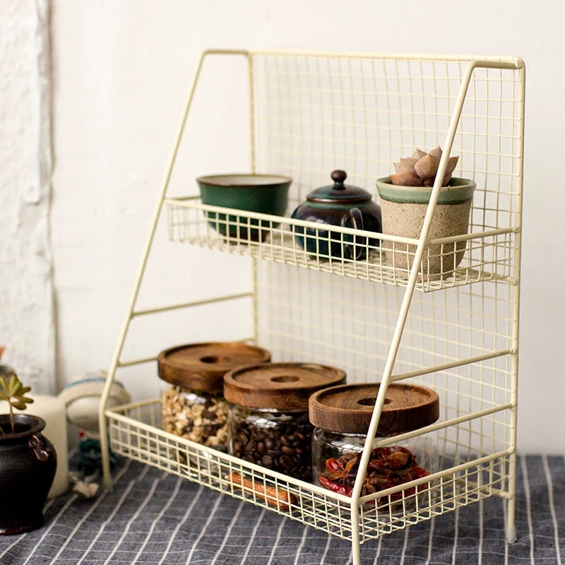 

Iron Double Layers Table Storage Shelf Nordic Scandinavia Sundries Plant Metal Kitchen Storage Basket Organizer Home Decor