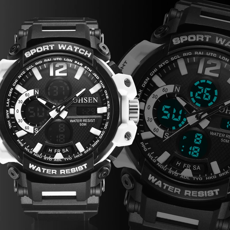 

Digital Sports LED Men Watch 2020 OHSEN Dual Alarm Waterproof 50m Analog Military Watches Rubber Quartz Clock Hombre Relogio Top