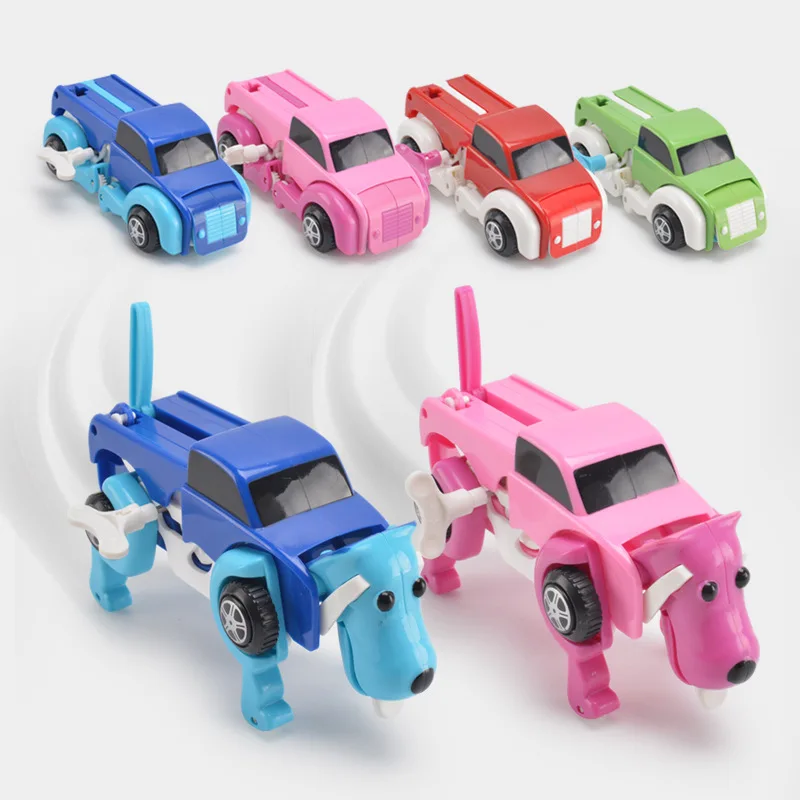 

4 Clolor 14CM Cool Automatic Clockwork Vehicle Transform Car Dog Deformation Wind Up Toy 2016 New Arrival Cute Christmas Gift