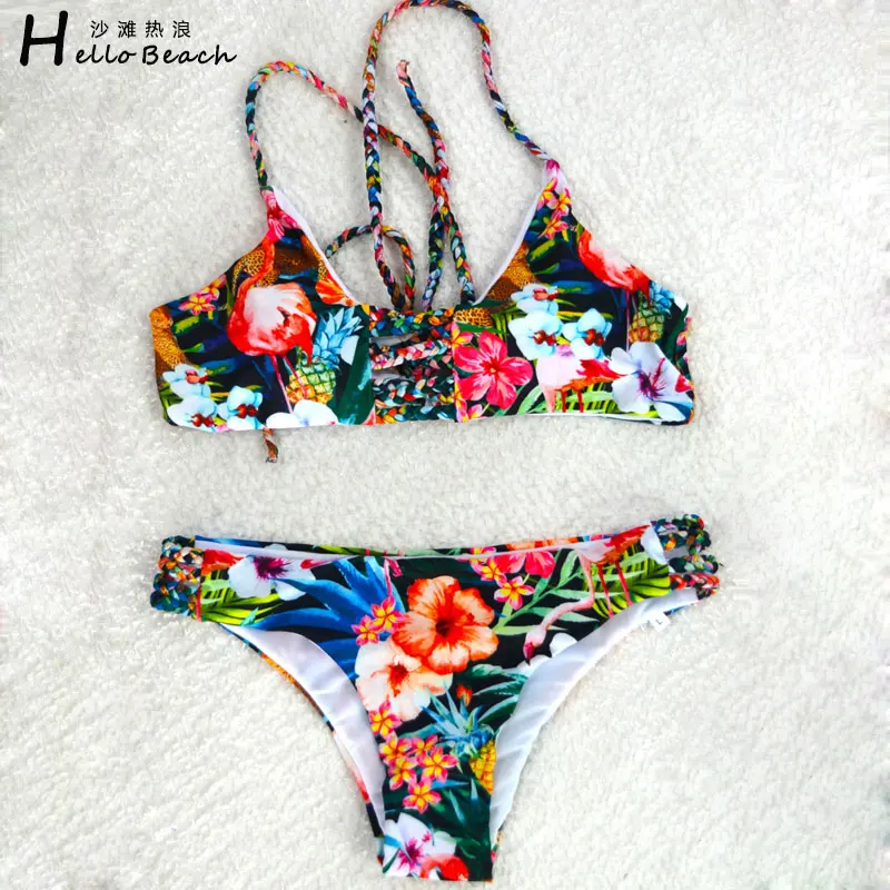 

HELLO BEACH Print Floral Bikini Strappy Bikini Deep-V Swimsuit Swimwear Women Bathing Suit Sexy Biquini Swimming Suit For Women