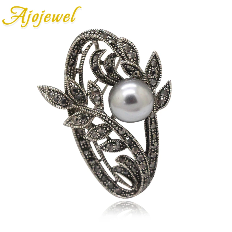 Ajojewel черный стразы лист Серый Броши с искусственным жемчугом для женщин 2018 новые