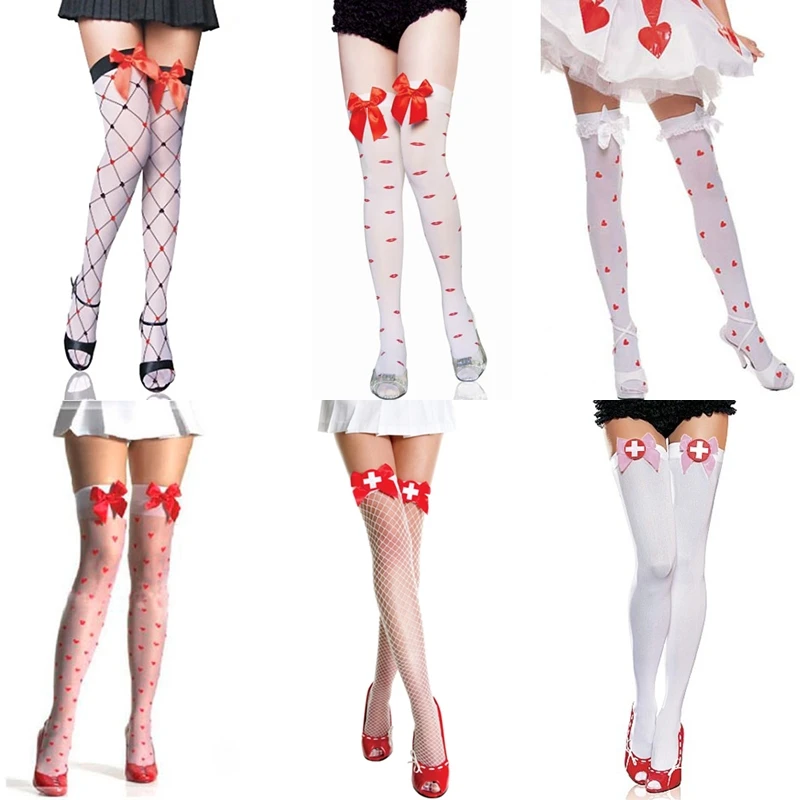 Satin Bow Stockings Women Girls Opaque Thigh High Stockings with Stain Bows