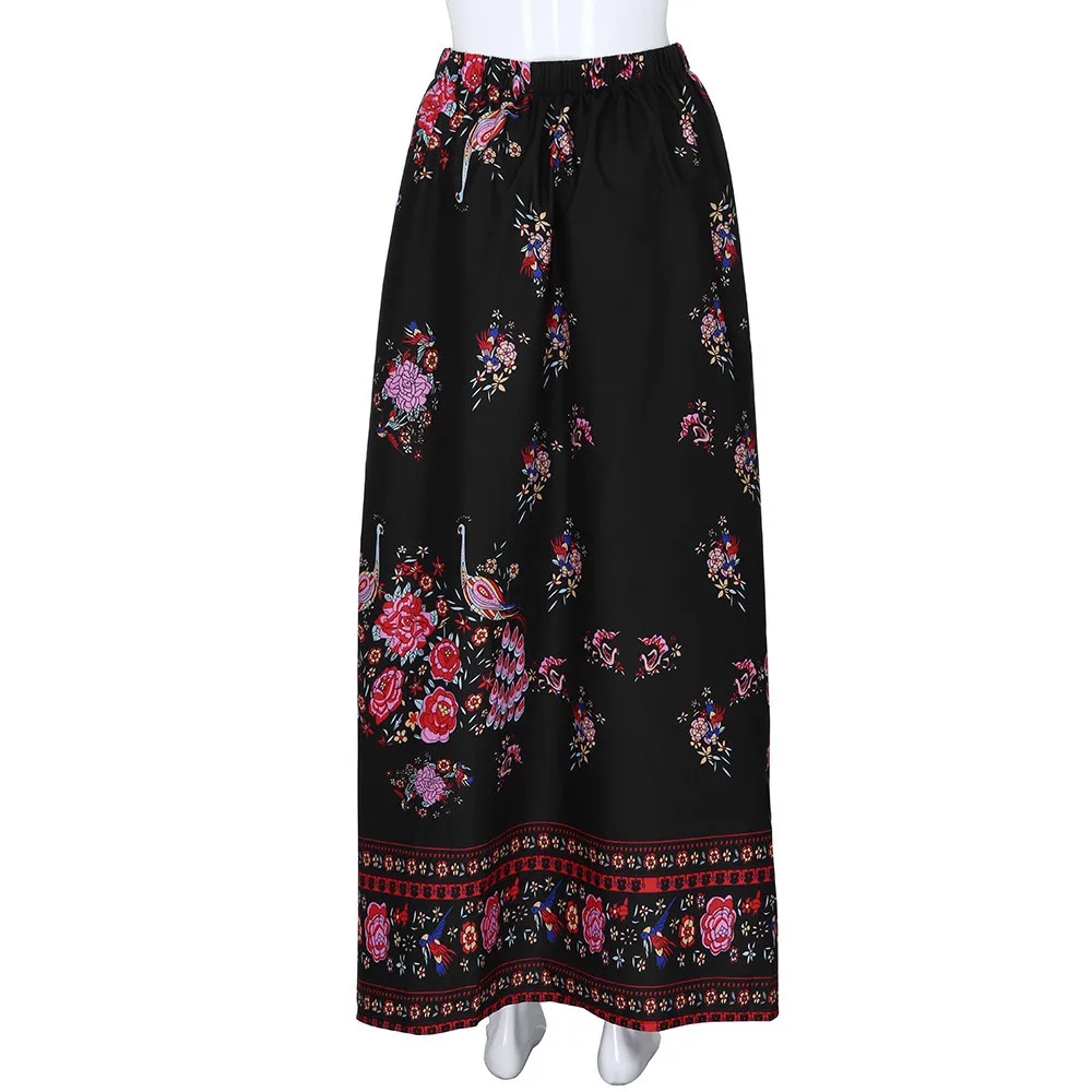 Модная полиэфирная Женская юбка макси в стиле бохо пляжная Цветочная Праздничная летняя Высокая талия Цветочная длинная юбка с принтом Прямая 1J8 - Цвет: BK