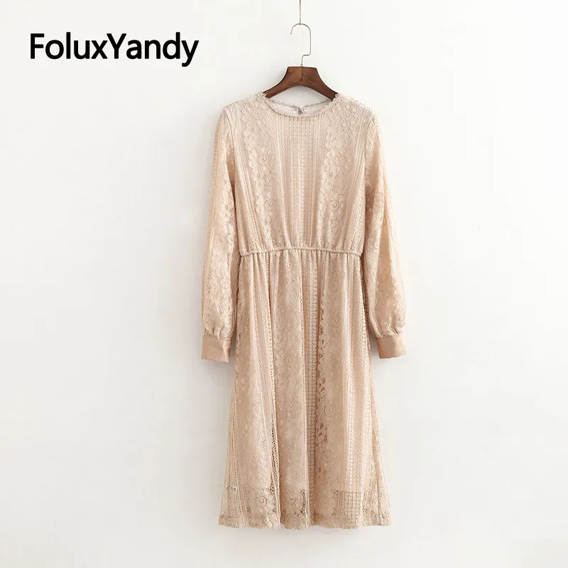

O-neck Midi Lace Dress Women Vestidos Plus Size XXXL 4XL Long Sleeve Solid Vintage Dress KKFY3164