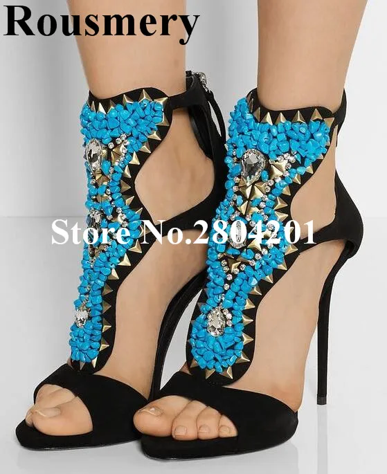 

Rousmery Luxury Summer Women Shoes Sexy Peep Toe High Heel Navy Blue Stone Metal Rivet Crystal Studded Party Dress Sandals Women