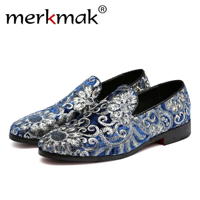 Merkmak/лоферы с цветочным узором; удобные повседневные мужские модельные туфли с вышивкой; классические слипоны; мужская обувь на плоской подошве; большие размеры 37-48 - Цвет: Blue Loafers