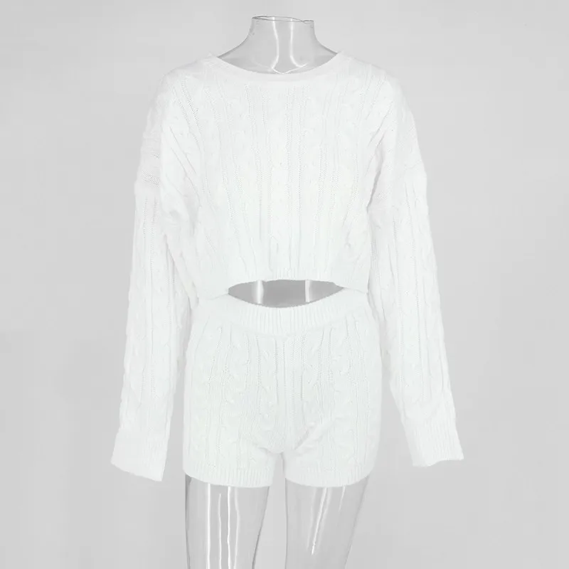 Ohvera, зимний комплект из двух предметов, вязаный свитер с длинным рукавом, топы и обтягивающие шорты, костюм, сексуальная одежда для Женский комплект 2 шт - Цвет: Белый
