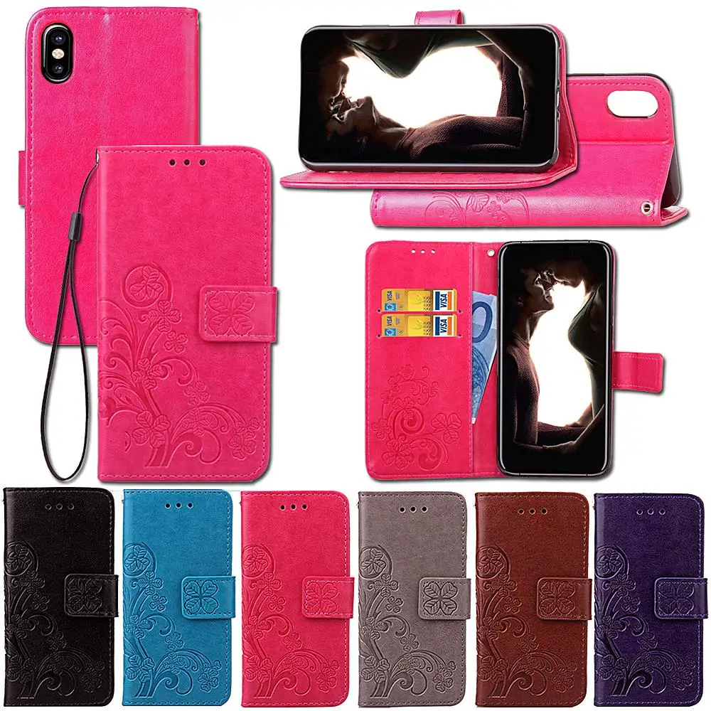 

GEUMXL Four-leaf clover leather For iPhone 7 8 Plus X XS MAX XR phone Case For iPhone 6 6S Plus 5 5S SE Flip Wallet Leather Case