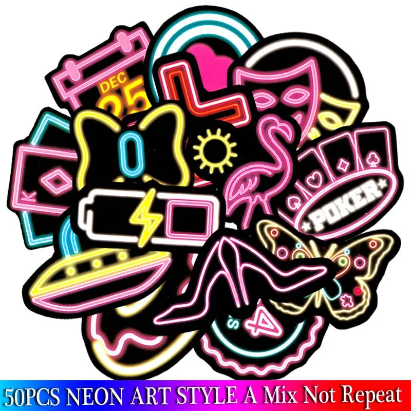 

50 PCS Neon Light Sticker Anime Icon Animal Cute Decals Stickers Gifts for Children to Laptop Suitcase Guitar Fridge Bicycle Car