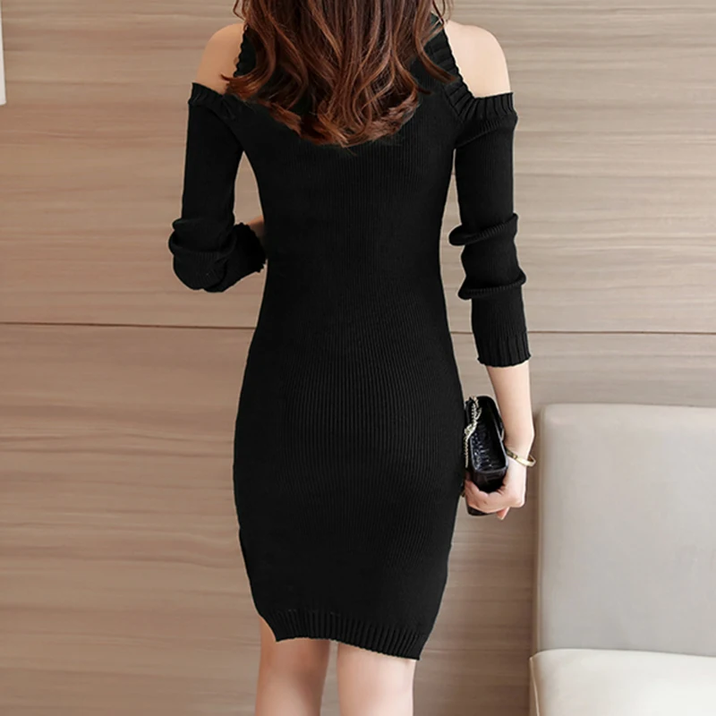 

Fashion Long Sleeve Off Shoulder Sexy Club Women Mini Dress Solid Color Slim Party Night 2019 New Knitted Dresses Autumn Winter