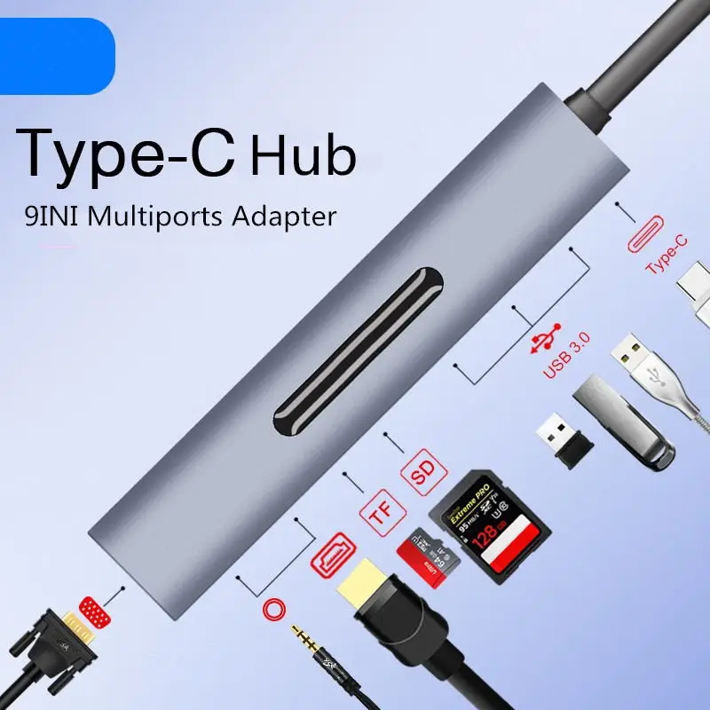 

Type-c to HDMI 4K VGA USB3.0x3 Hub TF SD Slot USB-C PD Charging Audio Female Portable 9in1 Adapter for Macbook Pro huawei p20