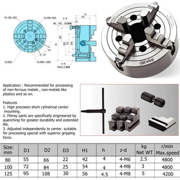 Tanie 4 szczękowy uchwyt tokarski 80mm 100mm 125mm K72 80 K72 100 K72 125 niezależny 1 szt. Uchwyt wiertarski bezpieczeństwa 3 szt. Śruba montażowa