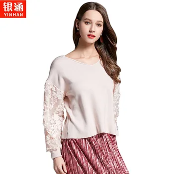 

New fashion women's clothing sweet the new 2018 ms hubble-bubble sleeve knit chiffon sleeve v-neck sweater