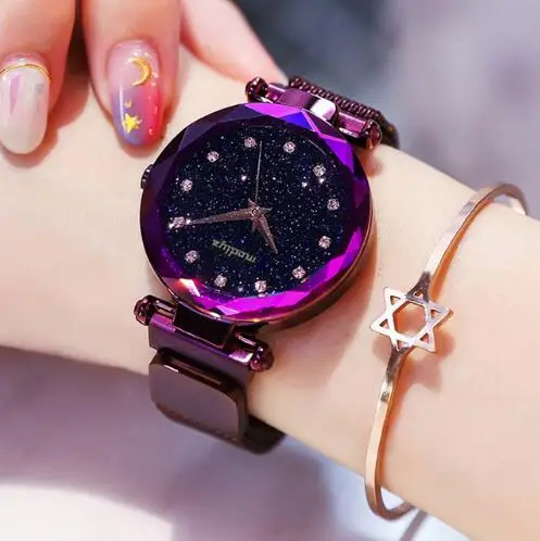 

2019 Hot Sale Starry Sky Watch Women's Luxury Magnetic Magnet Buckle Quartz Wristwatch Geometric Surface Female Diamond Watches