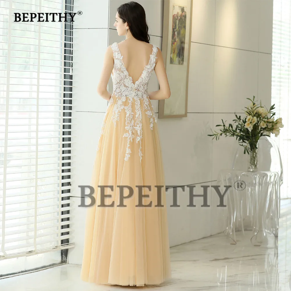 BEPEITHY Evening Dresses Long V Neck Champagne Tulle Lace Prom Dress Robe De Soiree Sexy Backless Evening Gown 2019